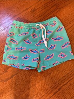 chubbies Aqua Swim Shorts with Pink & Blue Shark Motif